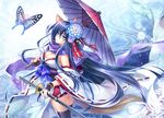  animal_ears black_legwear blue_eyes blue_hair breasts bug butterfly cleavage detached_sleeves flower hair_flower hair_ornament insect japanese_clothes katana large_breasts long_hair looking_at_viewer oriental_umbrella original ribbon-trimmed_sleeves ribbon_trim riv solo sword thighhighs umbrella very_long_hair weapon 