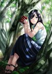  bangs bare_arms bare_shoulders black_hair blue_eyes blush book day from_side full_body high_heels holding holding_book kyon_(fuuran) long_hair long_skirt looking_at_viewer nature original outdoors sandals sitting skirt sleeveless smile solo tree 