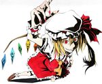  blonde_hair bow crazy crazy_smile evil fingernails flandre_scarlet hair_bow hat koji_(koji-a) marker_(medium) nib_pen_(medium) red_eyes sharp_fingernails sharp_teeth side_ponytail slit_pupils smile solo teeth touhou traditional_media vampire 