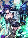  :d bangs black_bra black_dress black_legwear blue_hair box_(hotpppink) bra breasts cleavage collar demon_girl dragon_wings dress earrings fangs flaming_skull fur_coat garter_straps halterneck horns jewelry large_breasts looking_at_viewer open_mouth original pointy_ears purple_eyes slit_pupils smile standing succubus tattoo thighhighs tsurime underwear weapon wings zettai_ryouiki 