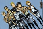  5boys :o artist_request auruo_bossard blue_background boots brown_jacket emblem erd_gin eren_yeager gunter_shulz jacket levi_(shingeki_no_kyojin) long_sleeves military military_uniform multiple_boys official_art open_clothes open_jacket pants paradis_military_uniform parted_lips petra_ral shingeki_no_kyojin short_hair simple_background survey_corps_(emblem) thigh_strap uniform walking 