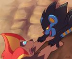  claws eye_contact fangs gen_4_pokemon gen_6_pokemon looking_at_another luxray no_humans open_mouth parody pokemon pokemon_(creature) pyroar signature the_lion_king vaporotem yellow_eyes 