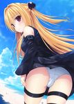  ass blonde_hair blush cameltoe detached_sleeves hair_ornament konjiki_no_yami long_hair panties red_eyes rennkuu solo thigh_strap to_love-ru to_love-ru_darkness two_side_up underwear very_long_hair white_panties 