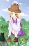  blonde_hair frog hair_ornament hat holding_legs moriya_suwako rai_(rai-s) touhou wide_sleeves yellow_eyes 