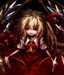  ascot blonde_hair dress fingernails flandre_scarlet hair_ribbon igap long_fingernails messy_hair no_hat no_headwear parted_lips red_eyes ribbon short_hair side_ponytail skull smile solo touhou 