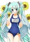  39 2013 :d artist_name dated flower green_eyes green_hair hatsune_miku kanna_satsuki long_hair one-piece_swimsuit open_mouth school_swimsuit signature smile sunflower swimsuit towel twintails vocaloid 