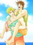  bad_id bad_pixiv_id barefoot beach blonde_hair brown_hair caesar_anthonio_zeppeli carrying facial_mark food green_eyes jojo_no_kimyou_na_bouken joseph_joestar_(young) mochidan multiple_boys piggyback popsicle shorts summer 