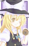  blonde_hair braid hat hat_ribbon kirisame_marisa one_eye_closed rai_(rai-s) ribbon side_braid solo touhou witch_hat yellow_eyes 