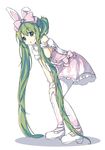  animal_ears bunny_ears green_eyes green_hair hatsune_miku long_hair nekito open_mouth pantyhose skirt solo twintails very_long_hair vocaloid white_background 