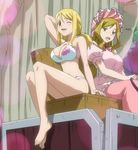  2girls bikini blonde_hair blue_eyes breasts brown_eyes fairy_tail feet imitatia_(fairy_tail) large_breasts long_hair lucy_heartfilia michelle_lobster multiple_girls screencap smile stitched swimsuit wink 
