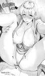  akimoto_katherine_reiko blush breasts huge_breasts kochikame long_hair monochrome nipple_slip nipples orushibu spread_legs translation_request 