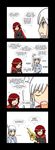  4koma cape comic dress english highres hood long_hair lunarisaileron lyrical_nanoha mahou_shoujo_lyrical_nanoha multiple_girls raising_heart red_hair ruby_rose rwby scar short_hair side_ponytail sweatdrop tears weapon weiss_schnee white_hair 