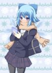  1girl alternate_costume bag black_legwear blue_eyes blue_hair blush bow cirno hair_bow ice ice_wings jacket looking_at_viewer masiromu notepad pantyhose scarf scarf_over_mouth school_uniform shirt shoulder_bag skirt solo touhou wings winter_clothes 