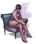  artist_name bare_legs black_hair boots breasts chair cleavage cleavage_cutout cropped_jacket crossed_legs dark_skin earrings hair_over_eyes jewelry knee_boots large_breasts leaning_forward leotard lips lipstick long_hair makeup miniskirt pink_footwear pop-lee shermie sitting skirt solo the_king_of_fighters thighs 