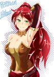  armlet armpits belt bompay breasts character_name cleavage collar elbow_gloves forehead_protector gloves green_eyes large_breasts long_hair ponytail pyrrha_nikos red_hair rwby solo 