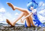  barefoot blue_eyes blue_hair building cirno city destruction dirty_feet eichikei_(hakuto) feet giantess hair_ribbon highres ice ice_wings open_mouth panties ribbon short_hair soles striped striped_panties toes touhou underwear wings 