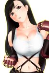  black_hair breasts brown_eyes cleavage crop_top earrings final_fantasy final_fantasy_vii fingerless_gloves gloves jewelry large_breasts lips long_hair midriff navel parted_lips shirt solo suspenders tank_top taut_clothes taut_shirt tifa_lockhart ueyama_michirou 