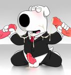  balls black_nose blush brian_griffin cum cum_in_face cum_in_mouth cum_inside cum_on_face eyes_closed family_guy flexable fur gay group handjob humanoid_penis kneeling male nepp penis sex solo unknown_artist vein white_fur 