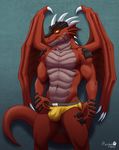  abs anthro biceps big_muscles black_skin blue_background body_markings bulge claws dragon furrybob grey_skin grin horn looking_at_viewer male markings muscles pecs plain_background pose rax_zenova red_dragon red_skin reptile scales scalie smile solo speedo standing swimsuit toned topless wings yellow_eyes 