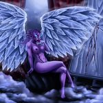  blue_eyes body_markings breasts elf female glass glowing glowing_eyes hair hi_res ice looking_at_viewer markings night_elf nipples nude purple_hair purple_skin sitting solo suumunster wings 