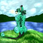  cloud clouds dragoncat female fur grass green_eyes green_fur lake looking_back pigtails scotia sitting spots sun water wuffs wuffypie 