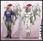  abs anthro avian beak biceps cigarette claws clothing feathers flaccid footwear grey_feathers hollandworks humanoid_penis kamina1978 male model_sheet muscles navel nude pants pecs penis pose presenting rooster rufus_(hollandworks) shirt shoes smoking solo spots standing talons toned vein white_feathers yellow_eyes 