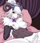 bottomless breast_grab breasts caprine corset elbow_gloves female gloves goat horizontal_pupils lingerie lying mammal on_back on_bed solo wkar yellow_eyes 