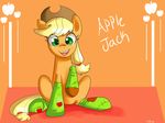  apple applejack_(mlp) blonde_hair cowboy_hat equine female feral freckles friendship_is_magic fruit green_eyes hair hat horse kakashischika mammal my_little_pony patch patches pony sitting smile socks solo 
