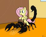  arachnid arthropod claws cutie_mark duo english_text female feral fluttershy_(mlp) friendship_is_magic fur hair insect long_hair my_little_pony pink_hair riding scorpion sitting smile stinger text theoretical-chaos tongue tongue_out wings yellow_fur 