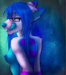  blue_hair blue_skin breasts bust eyewear female glasses hair licking licking_lips looking_at_viewer nayel-ie nipples purple_eyes side_boob solo tongue topless whisker 