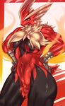  blaziken blue_eyes breasts female fire hands_on_hips mega_blaziken mega_evolution muscles muscular_female nintendo pok&#233;mon pok&eacute;mon shiron_(artist) solo video_games wide_hips 