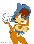  areola ball beach_ball big_breasts blue_eyes breasts chipmunk clothed clothing erect_nipples female hair hat mammal navel nipples plain_background pussy red_hair rodent sally_acorn sega skimpy solo sonic_(series) the_brave volleyball white_background 