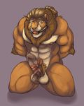  abs anthro bal_gag ball_gag balls bdsm biceps big_balls big_muscles big_penis bondage bound bow brown_fur brown_hair erection fangs feline fur gag hair humanoid_penis kneeling knuxlight lion male mammal mane muscles nipples nude pecs penis plain_background pose presenting pubes sheath solo tan_fur teeth toned yellow_eyes 