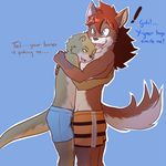  accidental_erection anthro blue_eyes brown_eyes bulge canine clothing duo erection excited gay hair hug male mammal mustelid open_mouth orange_hair otter penis plain_background shorts stripes text uroboros_lichi 