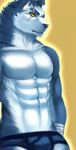  abs anthro bandage biceps big_muscles black_nose blue_fur boxer_briefs bulge bunic canine fur looking_at_viewer male mammal muscles pecs plain_background pose scar solo standing toned topless underwear white_fur wolf yellow_background yellow_eyes 