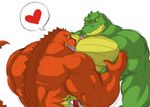 abs alligator anthro back biceps big_muscles clothing couple crocodile flammars forked_tongue gay green_skin grin gripping grope holding horn licking male muscles open_mouth orange_eyes orange_skin pants pec_grasp pecs plain_background pose reptile scales scalie shorts smile standing toned tongue tongue_out topless wani white_background who yellow_skin 