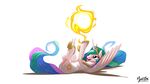  2013 crown cutie_mark equine female feral fire friendship_is_magic gold hair horn horse lying mammal multi-colored_hair my_little_pony mysticalpha necklace on_back plain_background pony princess_celestia_(mlp) purple_eyes sparkles sun white_background winged_unicorn wings 