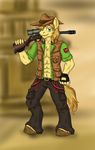  anthro anthrofied badge blonde_hair braeburn_(mlp) chest_tuft clothing equine fingerless_gloves flameydragwasp friendship_is_magic fur gloves green_eyes gun hair hooves horse looking_at_viewer male mammal my_little_pony open_shirt pants pony ranged_weapon rifle scope shirt smile standing toned tuft vest weapon 