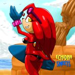  anthro beach big_butt bikini breasts butt clothed clothing echidna english_text female hair long_hair looking_at_viewer looking_back monkeyxflash red_hair red_skin seaside sega side_boob skimpy smile sonic_(series) surfboard swimsuit text water yellow_eyes 