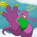 barney barney_and_friends barney_the_dinosaur claws cloud clouds dinosaur fists foot_focus happy hindpaw male paws ruined_childhood scalie slit_pupils smile sun teeth toes yelling yellow_eyes zp92 