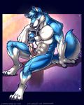  abs anthro balls biceps black_pawpads blue_eyes blue_fur blue_hair canine chest_tuft claws erection fangs fur grey_nose grin hair humanoid_penis looking_at_viewer male mammal muscles neodokuro nude pawpads paws pecs penis plain_background pose presenting sheath sitting smile solo teeth toe_claws tuft vein white_fur wolf 