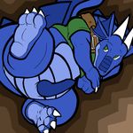  abstract_background blue_scales bottomless brown_background claws clothing collar dragon erection foot_focus futonmania gradient_background green_eyes hindpaw lying male odendo_(character) on_back overweight paws penis plain_background scalie simple_background solo teeth thick_tail toe_claws 