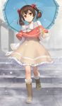  boots bow brown_hair dress fur_boots gloves hair_bow highres kuroko_(piii) looking_at_viewer original parasol red_eyes snow solo stairs twintails ugg_boots umbrella 