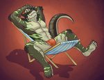  5_toes abs anthro armpits bear-paws biceps bulge claws everquest iksar lounge_chair male muscles pecs plain_background pose red_background red_bottomwear reptile scales scalie sitting solo speedo spread_legs spreading swimsuit thestory toe_claws toes topless unktehila video_games 