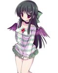  alternate_costume black_hair blush bow givuchoko hair_bow highres long_hair md5_mismatch miniskirt red_eyes reiuji_utsuho skirt sweater third_eye touhou wings 