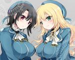  atago_(kantai_collection) black_hair blonde_hair blush breasts gloves green_eyes hat hoshihuri jacket kantai_collection large_breasts long_hair military military_jacket military_uniform multiple_girls red_eyes short_hair smile takao_(kantai_collection) uniform upper_body 