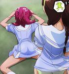  aida_mana back braid brown_hair dokidoki!_precure frog from_behind hairband half_updo haruyama_kazunori long_hair lying multiple_girls on_ground on_stomach oogai_daiichi_middle_school_uniform panties pantyshot pink_hair precure sailor_collar school_uniform short_hair skirt skirt_lift standing twin_braids underwear white_sailor_collar yashima_chihiro 