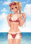  bad_id bad_pixiv_id bare_shoulders bikini blonde_hair blue_eyes blush breasts cleavage goggles goggles_on_head kanae_(sekaiju) long_hair medium_breasts navel ocean po_ni red_bikini sekaiju_no_meikyuu sekaiju_no_meikyuu_3 shirt_tan shorts_tan side-tie_bikini side_ponytail smile solo swimsuit tan tanline towel water 