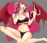  ashemu bat_wings beatmania beatmania_iidx bikini licking long_hair pink_eyes pink_hair shionty sitting solo swimsuit weapon wings 