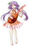  alphes_(style) barefoot biwa_lute bracelet brown_dress chain dairi dress flower full_body hair_flower hair_ornament highres instrument jewelry long_hair long_sleeves looking_at_viewer lute_(instrument) musical_note open_mouth parody purple_eyes purple_hair shocked_eyes solo style_parody tears touhou transparent_background tsukumo_benben twintails very_long_hair 